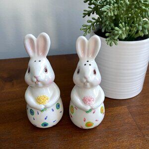 Easter Vintage White Bunny Salt & Pepper Shakers with Pastel Accents